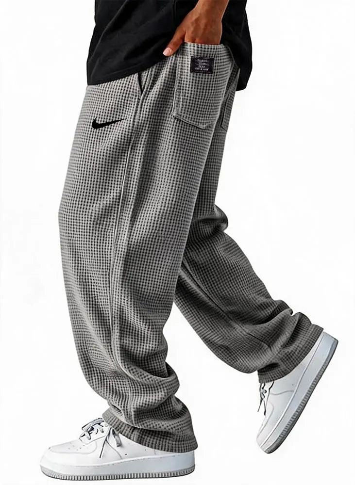 Waffle Grid Wide-Leg Casual Pants