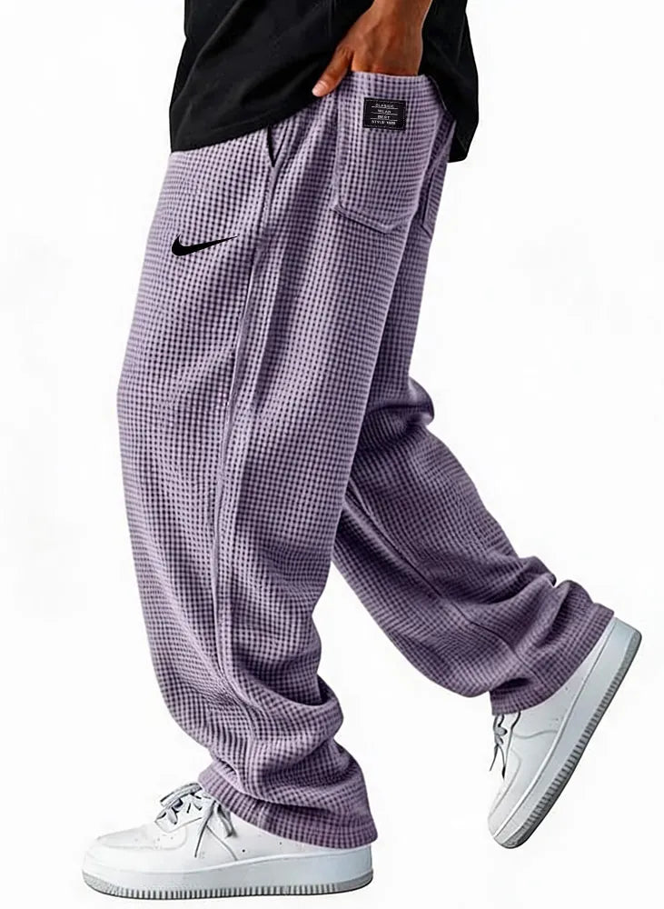 Waffle Grid Wide-Leg Casual Pants